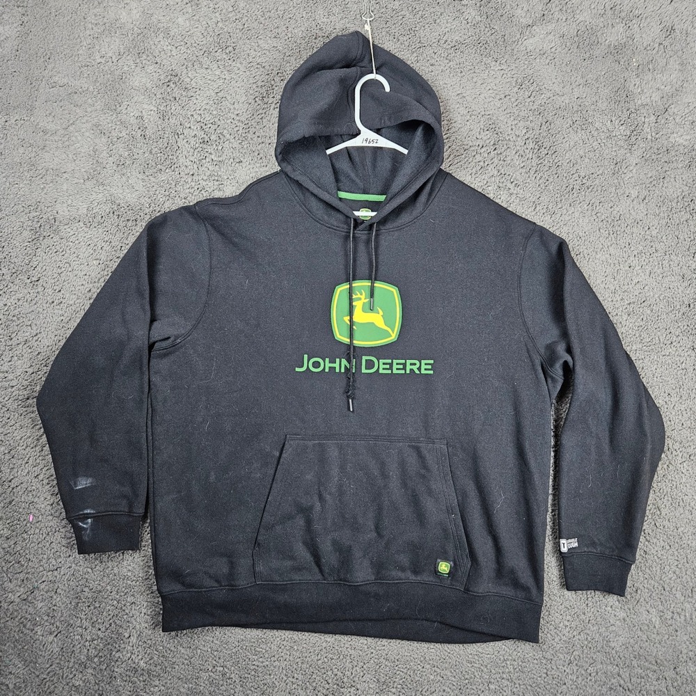 John Deere Mens 2XL Black Fleece Hoodie Pullover Logo Graphic Double‎ Tough